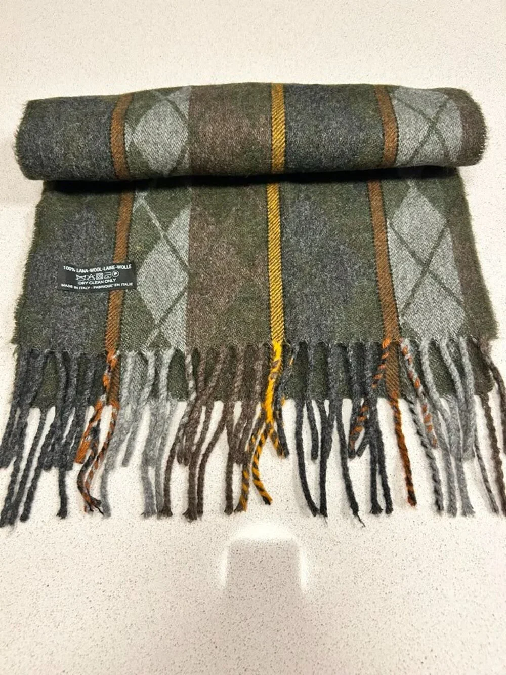 Firenze Moda 100% Pure Wool Argyle Scarf Green Gray Made in Italy NWOT 60x29